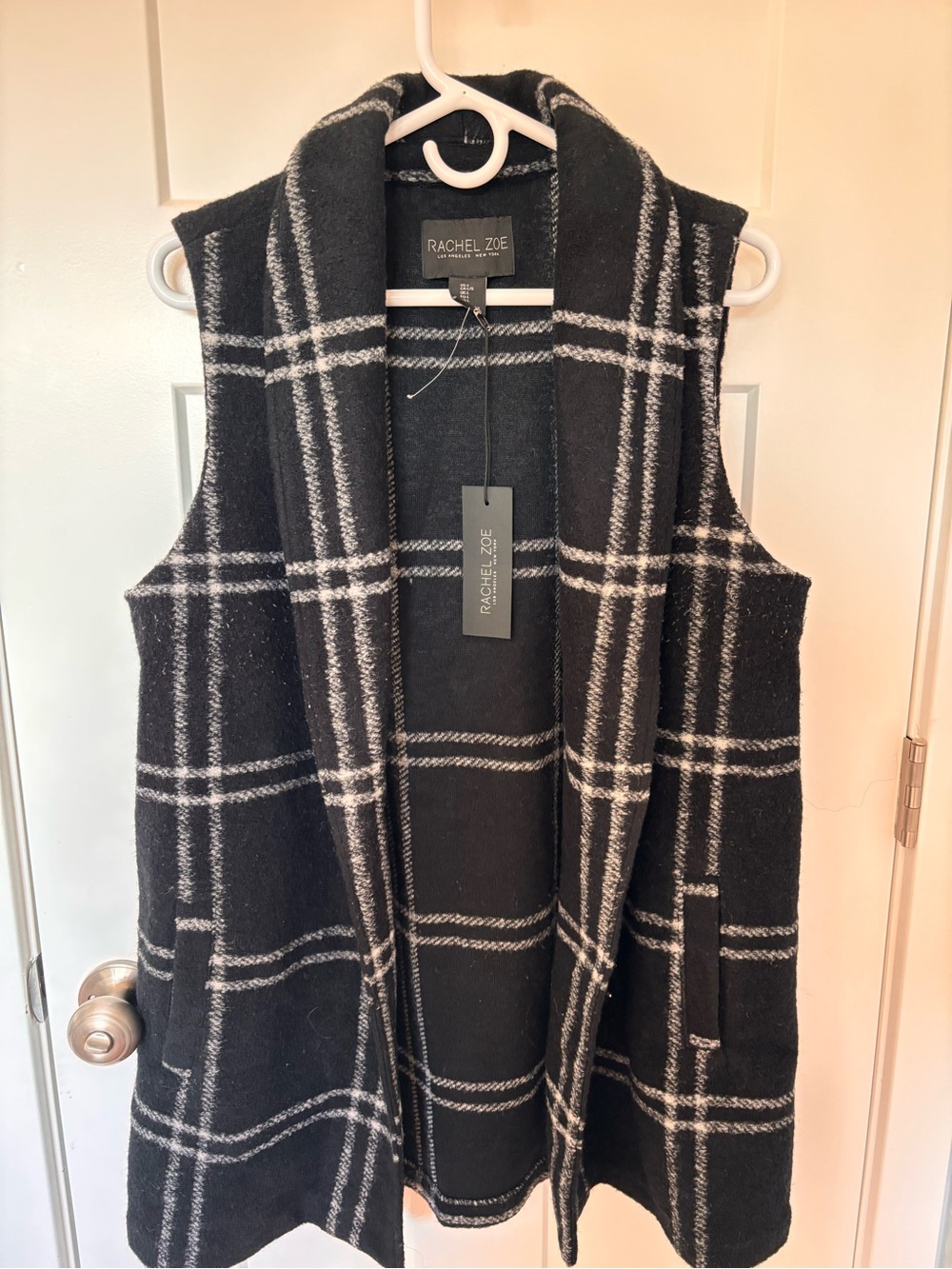 Rachel Zoe Black and White Plaid Open-Front Sweater Vest